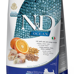 Farmina N&amp;D Ocean Grains Ancestrals gourmet dog food. Meal of Cod with Orange.