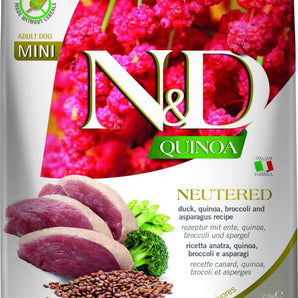 Nourriture sèche pour chiens stérilisé Farmina N&D Quinoa sans grains. Recette au canard et brocoli. Choix de formats.