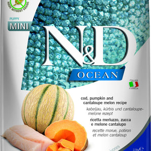 Nourriture sèche pour chiots FARMINA N&D Ocean sans grains. Recette de morue et citrouille. Choix de formats. Choix de races.