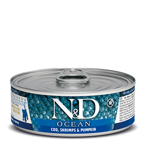 Nourriture humide sans grains pour chatons FARMINA N&D OCEAN. Recette de morue, crevette et citrouille. 70 gr. (2,46 oz)