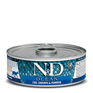 Nourriture humide sans grains pour chats FARMINA N&D OCEAN. Recette de morue, crevette et citrouille. 70 gr. (2,46 oz)