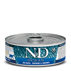 Nourriture humide sans grains pour chats FARMINA N&D OCEAN. Recette de bar, sardines et crevettes. 70 gr. (2,46 oz)
