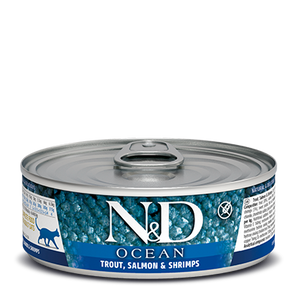 Nourriture humide sans grains pour chats FARMINA N&D OCEAN. Recette de truite, saumon et crevettes. 70 gr. (2,46 oz)