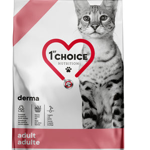 1st Choice dry food for adult cats. Skin health formula. Salmon recipe. Format choice.