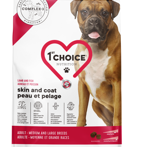 1st Choice dry food for medium and large breed adult dogs. Skin and coat formula. Lamb and fish recipe. Format choice.