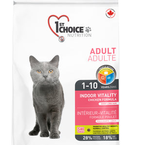 1st Choice dry indoor cat food. Weight control formula. Chicken recipe. Format choice.