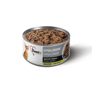 Canned food for adult cats 1st Choice. Hypoallergenic formula. Duck pâté recipe. 156g