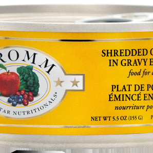 FROMM canned cat food. Shredded chicken dish in sauce. 155g