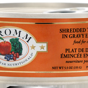 FROMM canned cat food. Shredded turkey dish in sauce. 155g