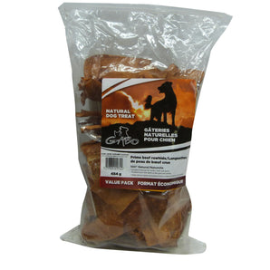 GABO dog treats. Strips of raw beef skin. Choice of formats.