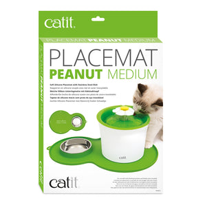 Catit silicone placemat with stainless steel bowl. Peanut shape. Choice of colors.