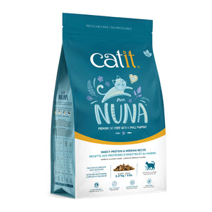 Aliment Catit Nuna, Recette de protéines d’insectes et hareng. Choix de formats.