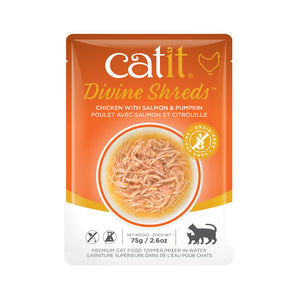 Catit Divine Shreds topping, chicken with salmon and pumpkin. Bag of 75g (2.6oz).