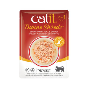 Catit Divine Shreds topping, chicken with tuna and carrot. Bag of 75g (2.6oz).