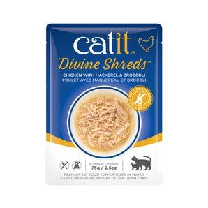 Catit Divine Shreds topping, chicken with mackerel and broccoli. Bag of 75g (2.6oz).