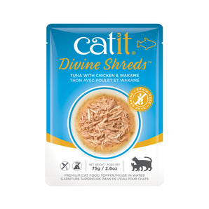 Catit Divine Shreds topping, tuna with chicken and wakame. Bag of 75g (2.6oz).