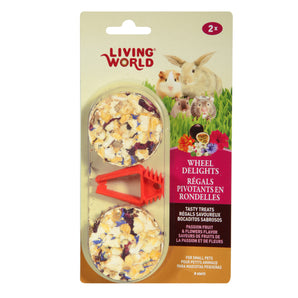 Régals pivotants pour petits animaux Living World en rondelles, paquet de 2. 68g. Saveur de fruits de la passsion et fleurs.