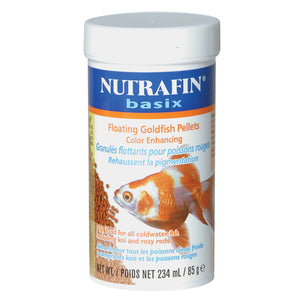 Floating pellets for goldfish. Pigmentation enhancing formula. Nutrafin Basix. Choice of formats.