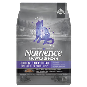 Nutrience Infusion adult dry cat food. Weight control formula. Chicken flavor. Choice of formats.