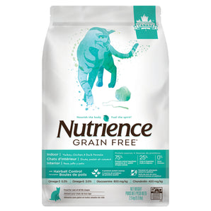 Nutrience dry indoor cat food. Hairball formula. Turkey, chicken and duck meal. Choice of formats.