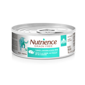 Nutrience canned food for indoor cats. Grain-free formula. Choice of Poultry and ocean fish pâté. 156g