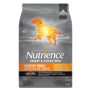 Nutrience Infusion adult dog food. Chicken recipe from the Fraiser Valley. Choice of formats.