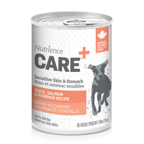 Nourriture en conserve pour chiens Nutrience Care. Formule peau et estomac sensibles. Repas de canard, saumon et citrouille. 369g
