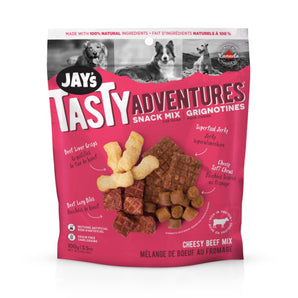 Jay's Tasty dog ​​treats. Beef and cheese snacks. Choice of formats.