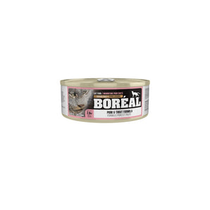 BORÉAL grain free canned cat food. Pork and trout recipe. Choice of formats.