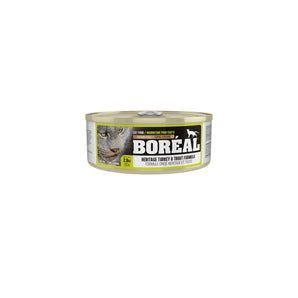 BORÉAL grain free canned cat food. Heritage turkey and trout recipe. Choice of formats.