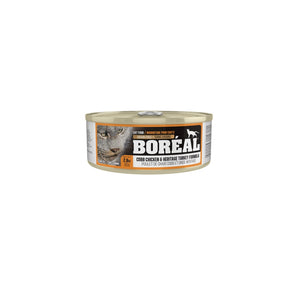 BORÉAL grain free canned cat food. Heritage Cobb chicken and turkey recipe. Choice of formats.