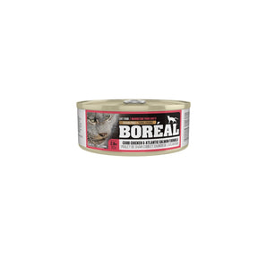 BORÉAL grain free canned cat food. Cobb chicken and Atlantic salmon recipe. Choice of formats.