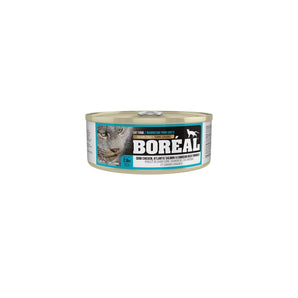 BORÉAL grain free canned cat food. Cobb chicken, salmon and duck recipe. Choice of formats.