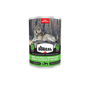 BORÉAL WEST COAST canned dog food. Beef and salmon flavor with brown rice. Choice of formats.