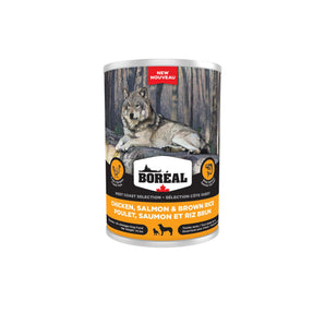 BORÉAL WEST COAST canned dog food. Chicken and salmon flavor with brown rice. Choice of formats.
