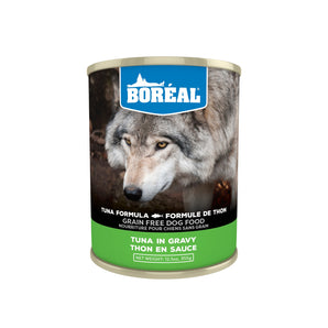 BORÉAL grain free canned dog food. Red tuna in sauce recipe. 355g.