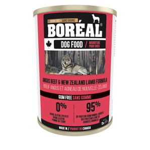 BORÉAL canned dog food without gum. New Zealand Angus beef and lamb recipe. 369g.