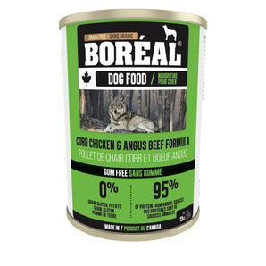 BORÉAL canned dog food without gum. Cobb chicken and Angus beef recipe. 369g.