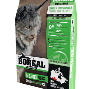 BORÉAL ORIGINAL grain free cat food. Turkey and trout flavor. Choice of formats.