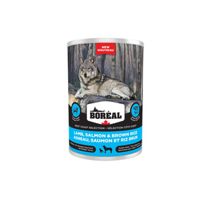 BORÉAL WEST COAST canned dog food. Lamb and salmon flavor with brown rice. Choice of formats.