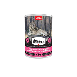 BORÉAL WEST COAST canned dog food. Lamb and beef flavor with brown rice. Choice of formats.