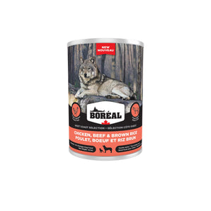 BORÉAL WEST COAST canned dog food. Chicken and beef flavor with brown rice. Choice of formats.