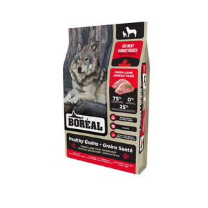 BOREAL HEALTHY GRAINS dog food. Red meat flavor. Choice of formats.