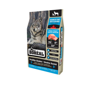 BOREAL HEALTHY GRAINS dog food. Freshwater trout flavor. Choice of formats.