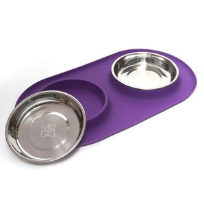 Messy Cats double bowls for cats in stainless steel with silicone rim. Choice of colors.