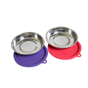 Stainless steel cat bowls with silicone lids from Messy Cats. Pack of 2.