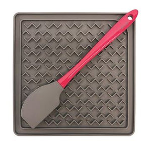 Therapeutic feeding mat with silicone spatula for dogs and cats from Messy Mutts. Gray.