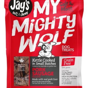 Jay's Soft &amp; Chewy My Mighty Wolf dog treats. Pork sausage recipe. Choice of formats.