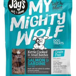 Jay's Soft &amp; Chewy My Mighty Wolf dog treats. Salmon and sardine recipe. Choice of formats.