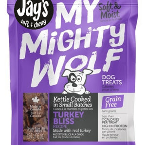 Jay's Soft &amp; Chewy My Mighty Wolf dog treats. Turkey recipe. Choice of formats.
